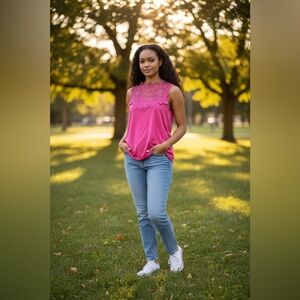 Joan Boyce Fuchsia Pink Sleeveless Tank Top with Embroidered Lace V-Neckline